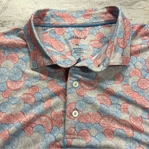 Johnnie-O Polo Shirt Mens XL Red Blue Citrus Print Performance Stretch UPF 50